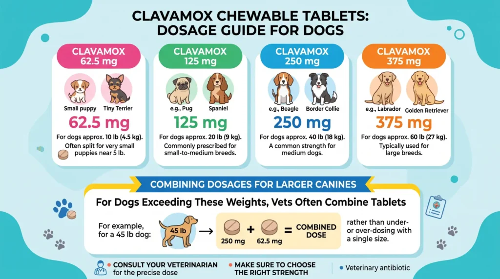 Clavamox Dosage Calculator For Dogs: Chart & Safe Guide 2 Clavamox 62.5 mg, 125 mg, 250 mg & 375 mg Dosage For Dogs
