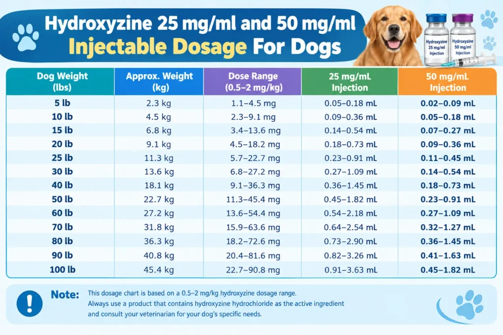 Hydroxyzine  25 mg/ ml and 50 mg/ml injectable Dosage For Dogs