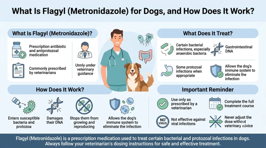 Flagyl Dosage For Dogs: Calculator & Safe Dosage Guide 1 What Is Flagyl (Metronidazole) for Dogs, and How Does It Work