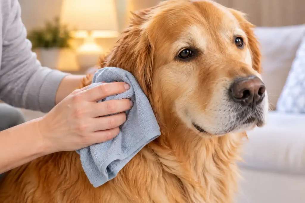 11 Dog Skin Allergy Treatment Remedies to Try at Home 7 A dog owner is Applying a Cool Compress to Hot Spots of the dog