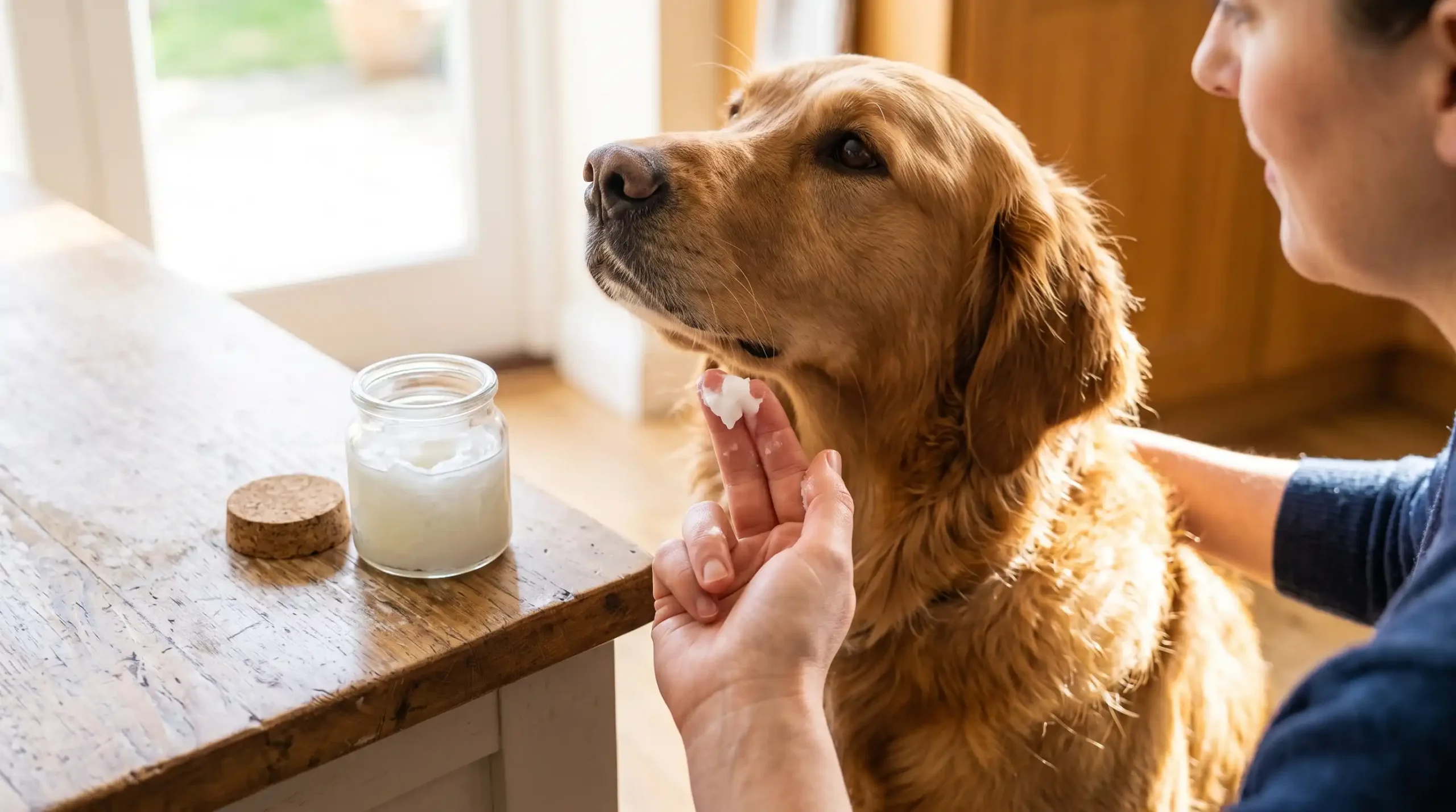 11 Dog Skin Allergy Treatment Remedies to Try at Home 9 a dog owner is Coating Dry Patches on the dog skin with Coconut Oil