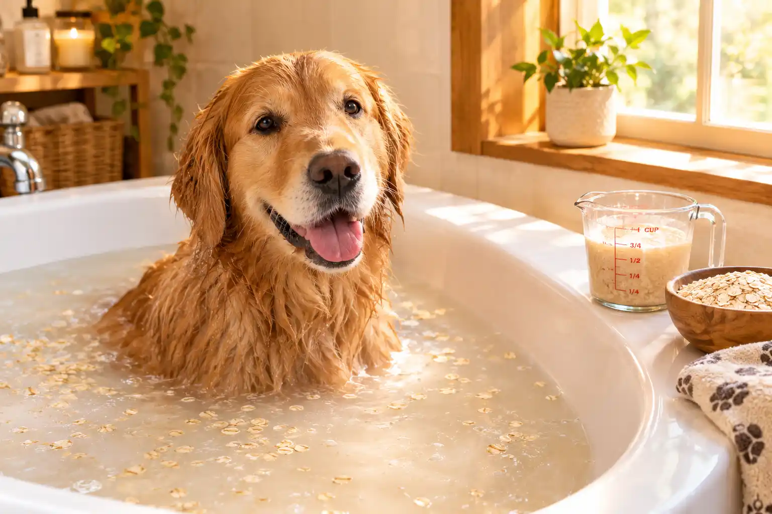 11 Dog Skin Allergy Treatment Remedies to Try at Home 6 a dog is in the tub for an Oatmeal Bath to Calm the Skin
