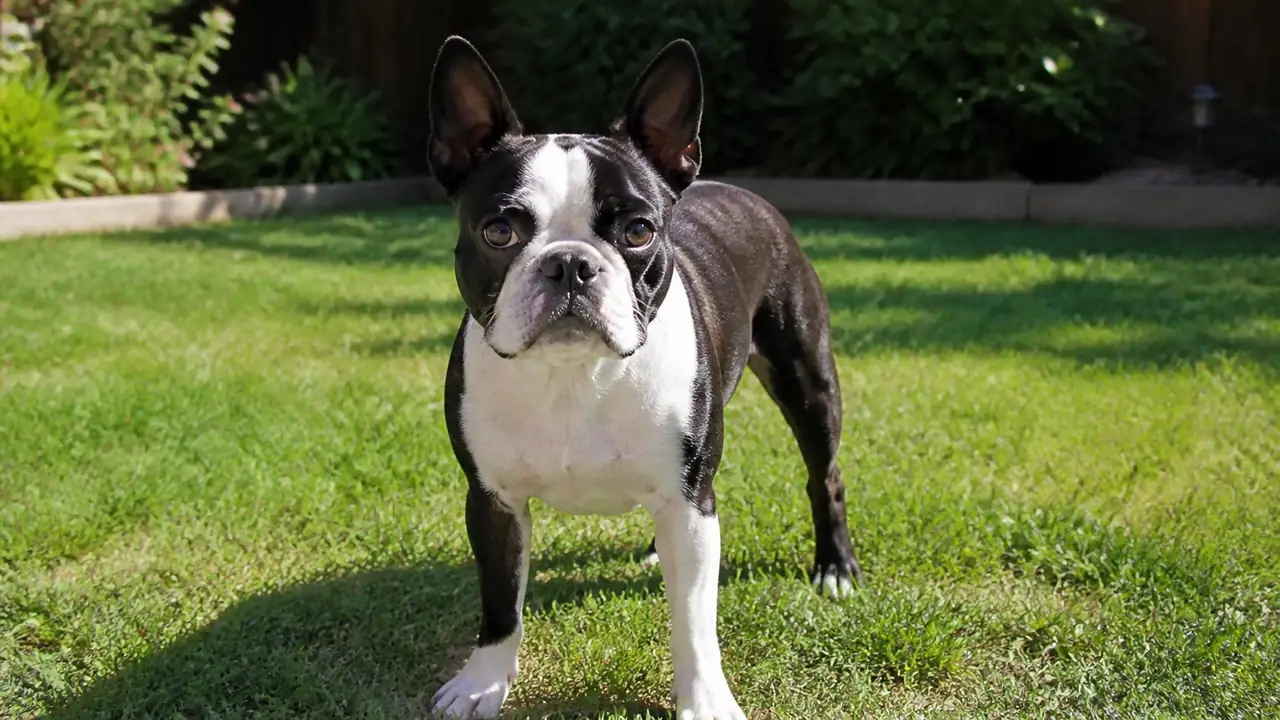 Boston Terrier in a small yard