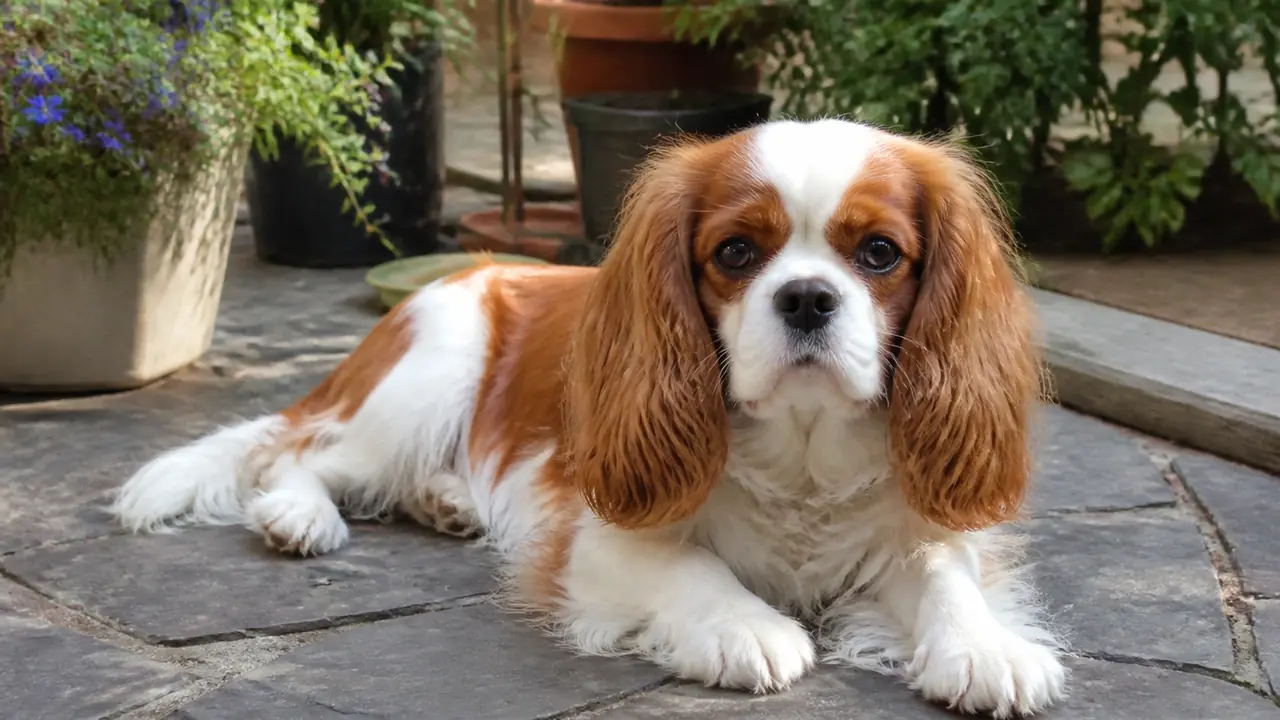 Cavalier King Charles Spaniel on a small patio